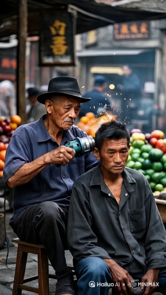 固定镜头，大爷拿着角磨机正在给男子理发，角磨机高速旋转，火花高速喷射，把男子的头发剃成光头，男子十分吃惊，用力的张大了嘴巴 by Hailuo AI Video Generator