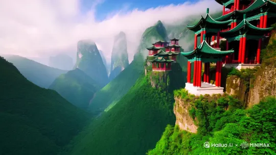 画面中,连绵起伏的山峦层叠错落,恰似一幅徐徐展开的水墨长卷。巍峨的山峰被缭绕的白云与缥缈的雾气半遮半掩,如梦似幻,仿佛是仙人的居所。
在那葱茏的山间,亭台楼阁若隐若现。朱红色的亭柱,黛青色的瓦檐,斗拱飞檐间尽显中国古建筑的精巧与雅致。有的亭阁依傍着悬崖而建,仿佛悬于半空;有的则静立在清幽的溪边,与山水融为一体。
一条蜿蜒曲折的石板路,从山脚一直延伸至云雾深处。石板上长满了翠绿欲滴的苔藓,每一步仿佛都踏在岁月的痕迹上。路旁,苍劲的松柏傲然挺立,它们盘根错节,枝干如铁,展现出顽强的生命力。而在松柏的庇护下,嫩绿的小草与五彩斑斓的野花肆意生长,为这清冷的山间增添了一抹灵动的色彩。
一道飞瀑从山顶倾泻而下,如银河落九天,激起层层白色的水花,发出震耳欲聋的声响。飞溅的水珠在阳光的映照下,闪烁着五彩的光芒,如烟似雾,弥漫在山涧之间。
空中,几只仙鹤舒展着洁白的羽翼,优雅地翱翔。它们时而发出清脆的长鸣,回荡在山谷之中,更增添了这方山水的空灵与仙气。整个场景运用黄金构图,将山水、建筑、草木、飞瀑、仙鹤等元素完美融合,以超现实的风格、摄影级的质感,呈现出8K画质的绝美画面,极致展现了东方美学的深邃意境。 by Hailuo AI Video Generator