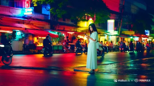 “A cinematic view of a lively yet melancholic Vietnamese street at night. Neon signs in red, blue, and yellow glow above small cafés and street vendors. The wet pavement reflects the city lights as motorcycles pass by. The atmosphere is a mix of modern urban life and nostalgic loneliness. In the foreground, a young woman in a white dress stands alone near a dimly lit sidewalk, looking at her phone. The background is blurred with silhouettes of people walking by, but she remains motionless, lost in thought. The camera slowly moves to capture the depth of the cityscape, emphasizing her isolation by Hailuo AI Video Generator