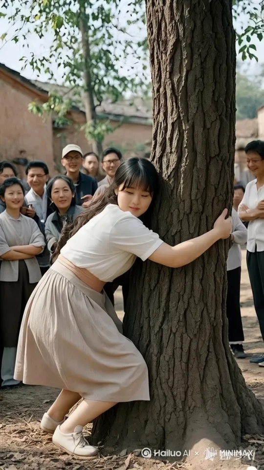 美女用力抱紧大树，把树连根拔起，树根从地里被拔出来，大树被美女拔起，周围的人拍手叫绝 by Hailuo AI Video Generator