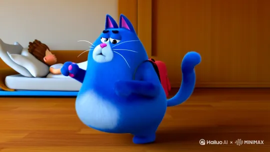 一只蓝色的胖猫（卡通形象）从床上醒来，坐车去学校，嘴里骂骂咧咧，他有手有脚，背着书包，走进了教室，并且被老师骂[左移,推进,右摇] by Hailuo AI Video Generator