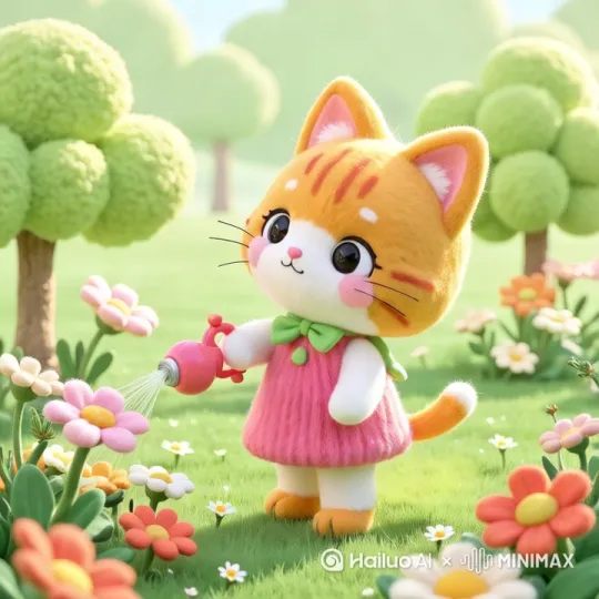 小猫在认真地给花浇水 by Hailuo AI Video Generator