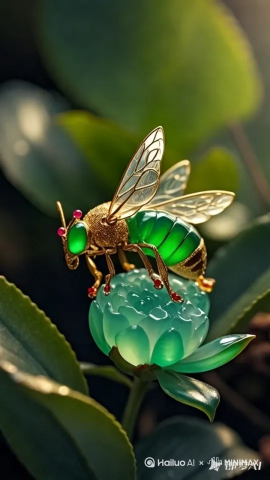 翡翠蜜蜂在翠玉花丛中飞来飞去 by Hailuo AI Video Generator
