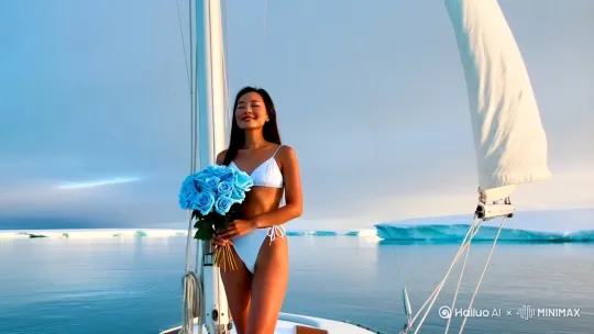 一个亚洲面孔的穿着白色三点式泳装的美女站在帆船的桅杆旁边，手捧一束蓝色的玫瑰花，闭目微仰头，嘴角含笑，满脸陶醉，帆船是白色的，航行在冰天雪地的北极，远景有北极熊 by Hailuo AI Video Generator
