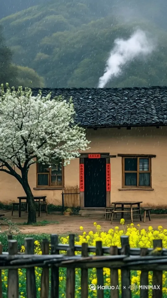 风吹过，开满白花的树枝晃动，房子上的白烟被风吹散，地面的小黄花也被风吹的晃动。 by Hailuo AI Video Generator