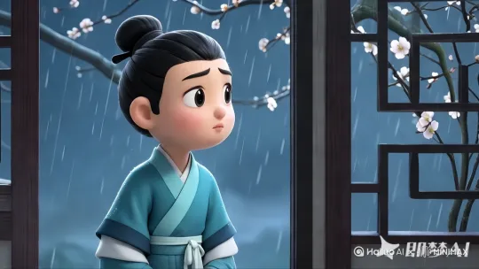 雨淅淅沥沥 ，男子慢慢转身看着潺潺细雨，深情忧伤，[右移,左摇,跟随]画面随之改变，画面美好温馨 by Hailuo AI Video Generator