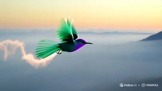 绶带鸟  
翠羽曳流光 紫绡裁云裳  
蓬莱衔霞客 空山点灵芒  

或  
银翎划雾绡 朱络缠松涛  
仙踪隐林杪 月尾扫星潮 by Hailuo AI Video Generator