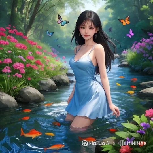美女用手在戏水，溪水缓缓流动，鱼儿在游荡，花草树木随风摇摆 by Hailuo AI Video Generator