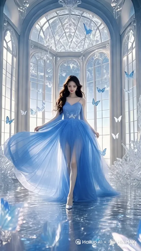 图中美女微笑看缓缓向镜头走来，蝴蝶在空中飞动，有一只停留在美女头上轻拍肢膀。动作顺利流畅自然，场景梦幻。超高清摄影，电影级光影质感，8k超清画质，全景深构图 by Hailuo AI Video Generator