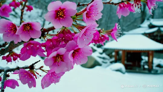 雪中盛开的鲜艳粉红色梅花,纷飞的细腻雪粒覆盖枝干,花瓣纹理清晰可见,高饱和度花瓣与纯白雪景形成强烈对比,积雪覆盖的岩石和古风木亭,8K超高清画质展现冰晶细节,动态模糊效果呈现飘雪轨迹,专业级色温控制增强冷暖对比,超写实风格渲染 by Hailuo AI Video Generator