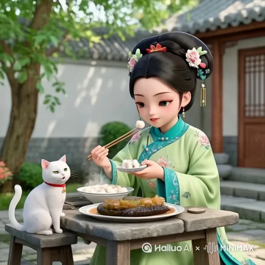 [左移,右摇,跟随]女子手持筷子夹起白色的豆腐送到嘴边吃，吃完夹一块儿吃，桌上的豆腐冒着热气，猫咪晃动看着女子，树叶摇摆， by Hailuo AI Video Generator