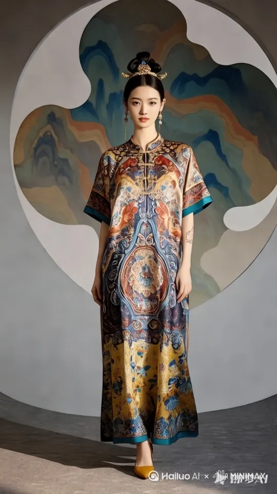 模特优雅的展示自己的服装，动作柔美端庄，光线柔和。[推出,上升,下摇] by Hailuo AI Video Generator