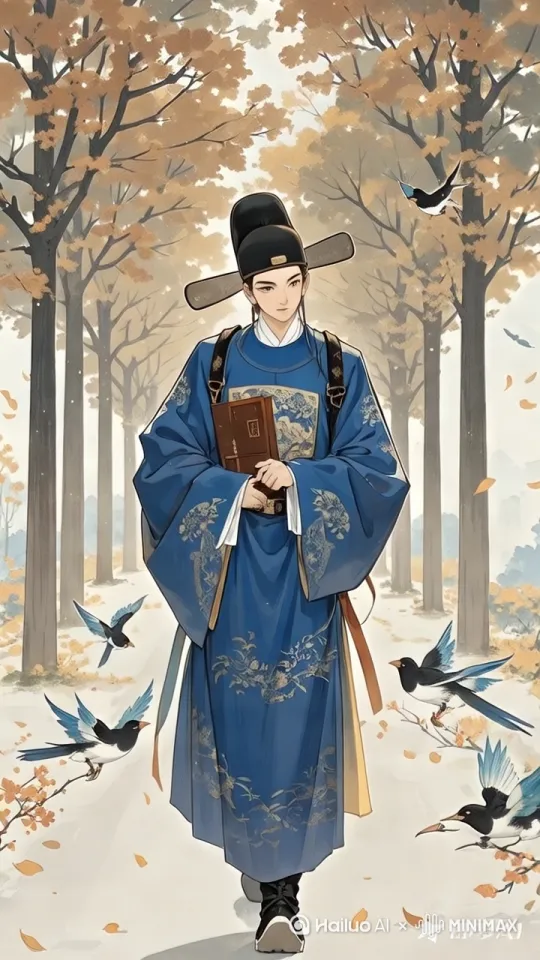 [跟随]主体边走边唱，旁边喜鹊欢快的拍着翅膀飞来飞去，自然顺滑 by Hailuo AI Video Generator