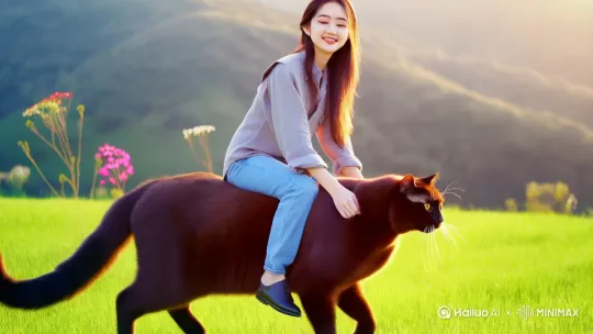 一个美女在草地上骑着大猫一路走来 by Hailuo AI Video Generator