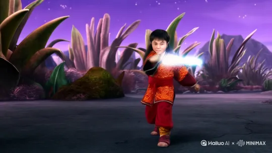 This man is a small dwarf ，长发男孩穿着中国武术服装，拿着光剑在外星球上对战超级英雄。 by Hailuo AI Video Generator