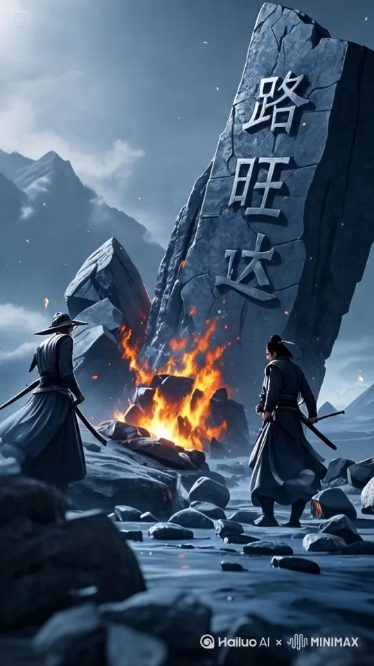 两个武侠两个武侠正对准对方，挥舞着刀剑，打斗着，动作伶俐，威武霸气，凶狠残杀，刀光剑，快速的挥动着刀剑[推进]刀碰着刀火光四射石头下的火苗正旺烧 by Hailuo AI Video Generator