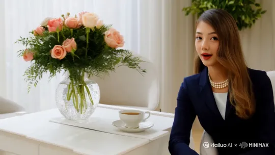 一个打扮精致的年轻中女性，穿着职业装，优雅，长发，戴着珍珠项链和耳坠，坐在一个白色的茶几旁，说着话，做着手势。茶几上有一个花瓶和一杯热气腾腾的茶，花瓶里有玫瑰花[右移,左摇,跟随] by Hailuo AI Video Generator