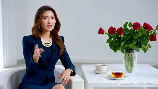 一个打扮精致的年轻中女性，穿着职业装，优雅，长发，戴着珍珠项链和耳坠，坐在一个白色的茶几旁，说着话，做着手势。茶几上有一个花瓶和一杯热气腾腾的茶，花瓶里有玫瑰花[固定镜头] by Hailuo AI Video Generator