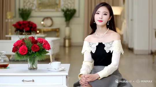 一个打扮精致的年轻漂亮的中国女性，胸部丰满，穿着露肩群主，蕾丝花边，米白色上衣，黑色底衫，灰格裙，优雅，长发，戴着珍珠项链和耳坠，坐在一个白色的茶几旁，说着话，做着手势。茶几上有一个花瓶和一杯热气腾腾的茶，花瓶里有玫瑰花，要求视频15秒，视频开始时，这个女双手叠放在膝盖，第3秒做一个手势重新叠放在膝盖，第六秒做另外一个手势，其它时间间隔5秒做一个手势[固定镜头] by Hailuo AI Video Generator