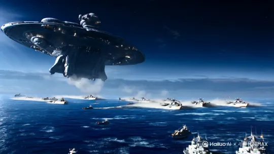 外星战舰降临地球，在大海上攻击人类战舰，人类战舰被打爆炸[下降,拉远,下摇] by Hailuo AI Video Generator