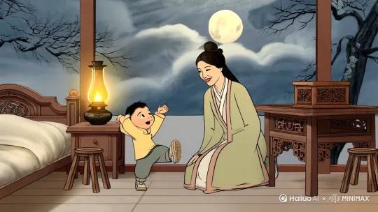 画面水墨画加工笔画风格，人物衣着是秦朝服饰，一个小男孩，手舞足蹈地向他妈妈说着话，一个女人微微弯腰，微笑，低头抚摸小男孩的头，背景是室内，一张床，一张小木桌，小木桌上有一盏油灯，小木桌旁有两张小木凳，窗外树枝、月亮在云中穿梭[固定镜头] by Hailuo AI Video Generator