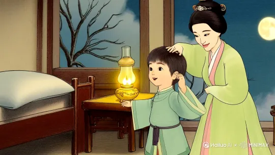 画面水墨画加工笔画风格，人物衣着是秦朝服饰，一个小男孩，手舞足蹈地向他妈妈说着话，一个女人微微弯腰，微笑，低头抚摸小男孩的头，背景是室内，一张床，一张小木桌，小木桌上有一盏油灯，小木桌旁有两张小木凳，窗外树枝、月亮在云中穿梭[左移,右摇,跟随] by Hailuo AI Video Generator