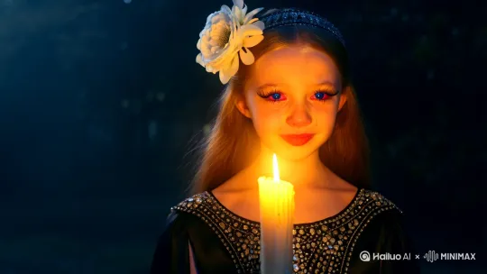 一片黑暗，一个少女的拿着点燃的蜡烛，点燃了烛台，少女美丽白皙的面庞逐渐浮现。蓝色的瞳孔，金色的头发，樱桃小嘴，长长的睫毛。少女神色有些哀伤，她留下了泪水，烛光漫射在女孩脸上，女孩穿黑色的丝绸感礼服，丝绸上有精致的银线勾勒的反锁复杂精湛的图案，上面还镶嵌着珠宝，虽然精致到看起来极简，女孩头上一朵白色的大花。朦胧感，辉光，真实的光影，有风轻轻吹动的感觉，真实的电影质感，古早好莱坞，80年代电影，真人出镜，[右移,左摇,跟随] by Hailuo AI Video Generator
