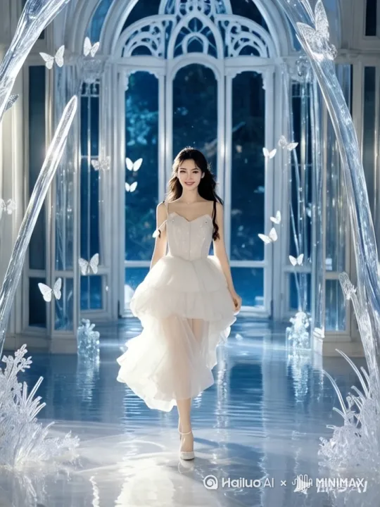 图中美女微笑看缓缓向镜头走来，蝴蝶在空中飞动，有一只停留在美女头上轻拍肢膀。动作顺利流畅自然，脸部表情自然不变形，场景梦幻。超高清摄影，电影级光影质感，8k超清画质，全景深构图 by Hailuo AI Video Generator
