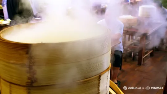 基础运镜指令框架
场景设定：广东传统早茶店，木质桌椅、蒸笼热气、市井背景声；早餐内容：肠粉、虾饺、艇仔粥；人物穿着：短袖衬衫+拖鞋的典型「靓仔」形象。

分镜头指令
开场环境引入（10秒）
运镜方式：低角度推镜头 + 缓慢抬升
描述：从蒸笼升腾的雾气低角度切入，镜头前推穿过雾气，逐渐抬升至全景，展示主角（广东靓仔）坐在餐桌前，背景为嘈杂的早茶店环境。
焦点：雾气作为前景动态模糊，人物主体逐渐清晰，背景需保留服务员端盘、食客交谈等市井细节4。
人物动作特写（8秒）
运镜方式：环绕镜头 + 轻微俯视
描述：以人物为中心，镜头顺时针环绕180°，捕捉其用筷子夹起肠粉、蘸酱油的动作，同时展示桌面的虾饺和茶壶。
焦点：肠粉的晶莹质感、酱油流动细节；环绕时需保持人物面部表情自然（如满足感或专注）。
食物动态特写（6秒）
运镜方式：快速拉镜头 + 焦点转移
描述：从肠粉特写快速拉远至整桌早餐，焦点从肠粉纹理过渡到热气腾腾的粥碗，镜头轻微晃动模拟手持拍摄的真实感。
辅助元素：加入筷子碰撞碗碟的清脆音效，增强临场感4]。
情绪与氛围收尾（5秒）
运镜方式：俯视旋转镜头 + 渐出
描述：俯拍主角放下筷子、端起茶杯的动作，镜头缓慢旋转并渐出至模糊，画面最终定格在茶杯热气与晨光交织的光影。
风格适配：若使用豆包AI的PixelDance模型，可加入「晨光粒子效果」提升画面质感]。
适配文生视频的关键词提示
核心指令：广东靓仔,肠粉特写,市井早茶店,环绕运镜,蒸汽动态,低角度光影
风格参数：电影级色彩调和,30fps流畅动态,多镜头一致性（参考PixelDanceV1.4模型特性）]
注意事项
人物一致性：需锁定主角服饰特征（如格子衬衫）及餐桌布局，避免多镜头切换时出现逻辑断层]。
动态衔接：建议按「环境→人物→食物→情绪」顺序生成，符合短视频叙事节奏 by Hailuo AI Video Generator