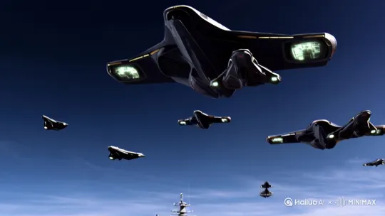 外星战舰降临地球，在大海上攻击人类战舰，人类战舰被打爆炸[下降,拉远,下摇] by Hailuo AI Video Generator