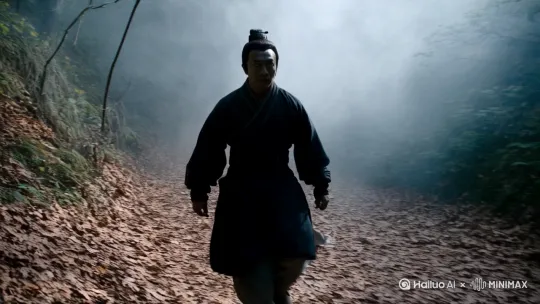 一个宋代男子，走在山间小路打老虎，树林，枯叶，烟雾弥漫的背景 by Hailuo AI Video Generator