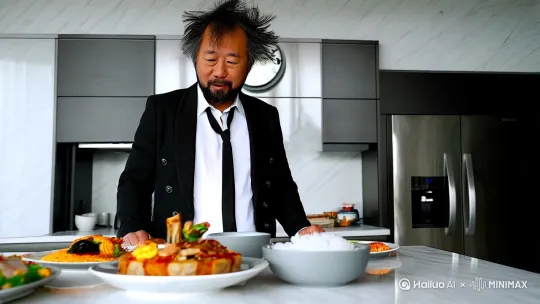 一个亚洲中年男人，穿着白衬衣黑西装外套，西装纽扣全部解开，领带玄关歪歪斜斜，头发凌乱，胡子凌乱，望着白色大理石桌子上的三碟菜和一碗饭，背后是厨房，厨房门上挂着的钟显示10:47分，视频比例是[9:16],[左移,右摇,跟随] by Hailuo AI Video Generator