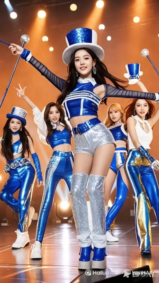 中全景镜头轨道平移环绕3.2秒，五人星形站位，机械式折角手臂连击，全黑舞台袖口，光带拖影特效 by Hailuo AI Video Generator