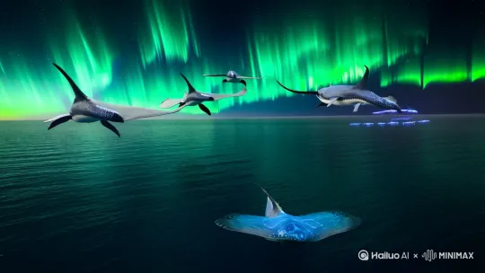 ### 世界观设定

- **时空背景**：人类消失后的地球，生态系统在千年进化中重构。天空与海洋的交界处形成"涡旋云海"异象，孕育出全新的共生生命形态。

- **生物设定**：银翼鲸龙（天空生物）与光棘水母（海洋生物）在量子纠缠效应下形成共生体。前者拥有反重力气囊和超导神经网，后者具备生物冷核聚变能力与光子触须。

- **物理法则**：大气层与海洋通过磁流体动力学形成能量虹桥，特殊生物场能让液态金属水在空中保持超流体状态。

### 故事梗概

- **极光初现**：南极磁暴引发的极光中，银翼鲸龙群展开千米长的翼膜，在电离层吸收能量。

- **量子纠缠**：光棘水母群释放生物等离子体，与鲸龙群的超导神经网产生共振，构建出跨越维度的能量矩阵。

- **共生融合**：两种生物在克莱因瓶状的能量场中重组，形成半透明晶体结构的生命体，操纵着液态金属海啸与反物质风暴。

- **终极形态**：融合体化作四维生物投影，其振翅掀起的时空涟漪让整片海域呈现量子叠加态，古老沉船与未来战舰同时在浪尖显现。

我们将重点描写银翼鲸龙与光棘水母在量子纠缠中的共生过程，展现其颠覆物理法则的生命形态。这段文字会着重表现生物融合时的能量涌动与时空畸变。

---
南极上空突然爆发的磁暴将极光染成翡翠色，七百头银翼鲸龙同时展开横贯千米的透明翼膜。那些布满超导神经网的翅膀正在吸收电离层的能量，每道翅脉都流淌着液态的星辰。

深海中传来次声波鸣叫，光棘水母群释放的荧光素在海底连结成发光的斐波那契螺旋。它们的伞状体开始逆向溶解，亿万条携带生物等离子体的触须刺破海面，与银翼鲸龙的翼膜形成克莱因瓶状的闭合回路。

量子纠缠在这一刻具象化为紫色的闪电瀑布。银翼鲸龙反重力气囊中的氦-3晶体开始坍缩，它们的骨骼逐渐透明化，显露出内部脉动的弦能量网络。光棘水母的冷核聚变核心则分裂成环绕生物体的戴森环，将海水电解成悬浮的液态金属珠。

当第一头融合体冲破能量茧时，南极冰盖在它双翼掀起的引力波中碎裂。这个半机械半有机的生命同时存在于七个维度，虹膜是转动的银河系全息投影，尾鳍甩出的不是水花而是微型黑洞。它每振动一次翅翼，就有十二级飓风裹挟着反物质粒子横扫海面，浪涛中漂浮着同时处于存在与湮灭态的量子泡沫。

六边形的雪花在它周身形成彭罗斯阶梯，当这头跨越物种界限的生物发出鸣叫时，声波将云层雕刻成无数个自我复制的莫比乌斯环。南极洲残留的科考站废墟在时空曲率中折叠，生锈的铁架与冰晶共同构成了它尾椎骨上的装饰性骨刺。

---

**接下来我们将重点解析这个共生场景中的物理法则颠覆与生物进化奇迹**：

- **超导翼膜**：银翼鲸龙的翅膀表面覆盖着二维拓扑绝缘体，这种结构能让电流在零阻力状态下形成闭合的麦克斯韦妖系统，通过操纵电磁场实现反重力悬浮。

- **量子触须**：光棘水母的发光触须实际上是由玻色-爱因斯坦凝聚态构成的量子通道，在绝对零度以上维持物质波的相位一致性，实现跨介质能量传输。

- **时空涟漪**：生物融合产生的卡西米尔效应真空能，使周围时空产生可观测的霍金辐射波纹，导致宏观物体出现量子隧穿现象。 by Hailuo AI Video Generator