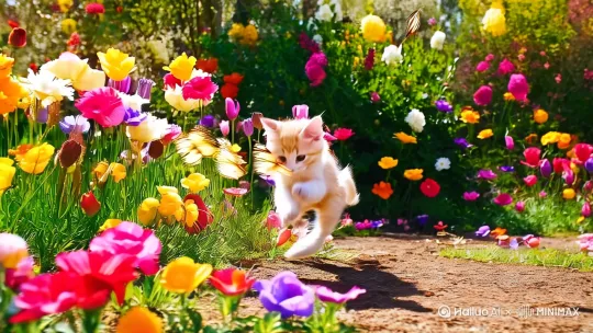 小猫在花丛中嬉戏玩耍，捕捉蝴蝶。 by Hailuo AI Video Generator