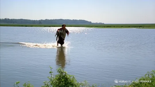 The lens adopts close-up tracking. In a quiet small village in China, there is a broad water surface in the village. An elderly woman dressed in traditional rural clothing is carrying a live pig on her back and running quickly on the water surface. At the beginning of the scene, the elderly woman shows amazing strength and balance, running steadily on the water surface. Then, she jumps suddenly onto the roof of a house on the shore, and then runs continuously on the roof. The lens always adopts close-up dynamic tracking. The movement is closely followed by the running trajectory, and the picture is in 16K high-definition quality. The realistic rendering highlights the strength of the character and the smoothness of the action. The lens dynamic tracking, without deformation. by Hailuo AI Video Generator