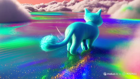 "A plush cyan cat-person with bioluminescent fur waddling on a semi-liquid rainbow, cotton candy clouds undulating below as stardust trails from swaying tail, 120fps slow-mo capturing prismatic ripples with each pawstep, orbiting camera revealing floating crystal refracting rainbow light, Houdini-simulated astral winds animating fur dynamics, perfect 6-second loop with chromatic flux effects, trending on C4D gallery"[推进,上升] by Hailuo AI Video Generator