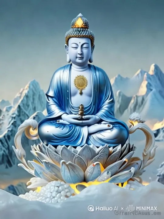 菩萨把手慢慢抬起来，手向前面持杨柳把水珠360度慢慢撒在虚空中，莲台边云彩缭绕，幻化景象，3d模式 by Hailuo AI Video Generator
