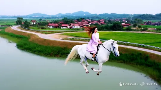 快速高空跟踪镜头移动，无人机视角，背景在一个中国农村的马路边的水库上，一个美女骑着巨大的白马的姿势向前飞行，白马轻松地在水库上空踏空飞行，白马背着美女，白马往前疾奔，仿佛在空中踏出一条路，捕捉平滑飞行的感觉。美女的衣服和头发随风摇摆，相机从略高位置的俯视角度紧密跟踪从左后方向右后方移动，随着角色穿越场景。环境是动态的，快速变化，不断往后掠过的水库的自然景观，四周是错落的房屋和田地。 by Hailuo AI Video Generator