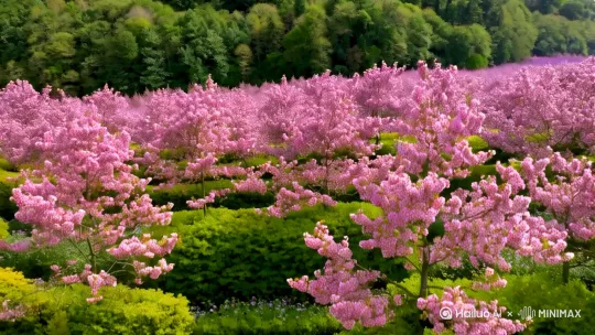 桃花和李子花混合的一片花海，无人机从地上飞上去俯瞰的运镜模式 by Hailuo AI Video Generator