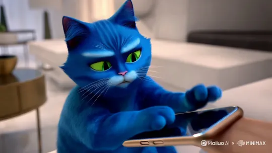 一只蓝色的猫边玩手机边说“我顶你个肺的”“为什么一眨眼的功夫我的周末就过去了”“到底是誰偷走了我的双休”“麻烦还给我好嘛”“还有拿着我工作日去度假岛玩的”麻烦也还给我”“法律做不到的事”“难道我就能做到了吗”（这只蓝色的猫表情很愤怒 要灵活表现自己的面部表情） by Hailuo AI Video Generator