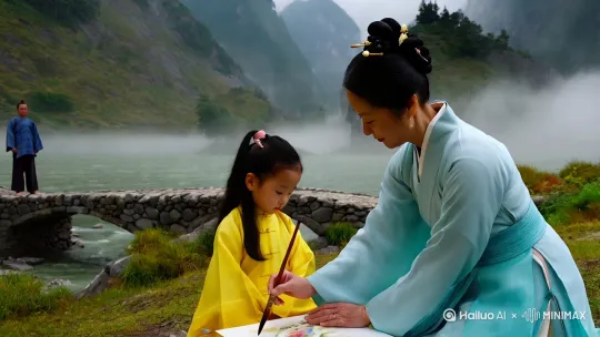 在云雾缭绕的山水之间，一位身着浅蓝汉服的女子正温柔地指导穿着明黄汉服的小女孩用毛笔作画。远处青山如黛，一座石桥横跨山涧，还有一人立于山石之上，似在赏景。此时，女子轻念道：“远看山有色”，并向小女孩解释，这是说远看那高山，色彩是那么的鲜明亮丽 。小女孩认真聆听，眼神中满是对古诗与绘画的好奇与热爱。 by Hailuo AI Video Generator