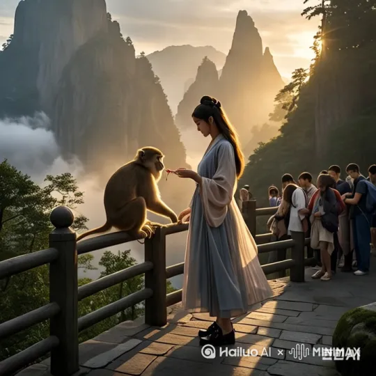少女(跆拳道黑带)旋身720度高踢腿劈落,猴王(通臂拳宗师)后仰铁板桥避过,猴爪直取脚踝。少女踏碎青石板借力腾空,双腿剪颈却被猴尾缠竹卸力。猴王龇牙怪笑使出「醉猿捞月」,双拳虚晃引少女格挡,长尾抽其腰眼。少女顺势接太极云手化劲,玉足勾挑飞沙迷眼,反手擒拿锁喉却被猴爪反扣脉门。双方凌空对踢七连击,最终少女以巴西战舞回旋踢接地面十字固锁住猴王右臂,运用专业导演的运镜手法 by Hailuo AI Video Generator