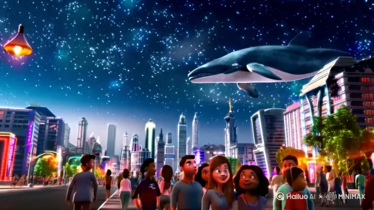 正向提示词‌：
(浩瀚星空，天空倒挂着一座未来科技感的城市，色彩风格以科幻冷色调为主，电影风格为写实科幻与奇幻结合，风格权重:140)((城市设计细节: 繁华的街道、高耸的建筑物、流光溢彩的霓虹灯，细节设计权重:120))(((城市与巨鲸对比: 城市的繁华与空中游动漂浮的巨大鲸鱼形成鲜明对比，视觉冲击力强烈，权重:140)))(((行人反应: 行人纷纷驻足望向鲸鱼惊叹，表情充满好奇与震撼，权重:100)))(背景场景位置: 星空下倒挂的城市，背景光描述为星光与城市灯光交织，背景细节描述为远处星辰点点，近处城市灯火辉煌，场景权重:140))(((光线: 室外自然光线与星光相互映衬，营造梦幻氛围，权重:120))((镜头语言: 全景逐渐推至中景，镜头运动方式为缓慢推轨，权重:100))(电影氛围: 梦幻、震撼、未来感，分镜情感描述为惊奇与期待，权重:140))(((景深: 大光圈f/1.8浅景深凸显城市与星空的对比，权重:120)))(((焦距: 85mm人像焦距，权重:100)))(((构图技巧: 中心对称平衡构图，权重:120)))(((镜头移动: 缓慢推轨，权重:100)))(((曝光: 正常曝光，不过曝也不过暗，权重:100)))(((滤镜使用: 无特殊滤镜，保持色彩真实，权重:100)))(((特殊拍摄技巧: 无特殊技巧使用，权重:0)))(((后期处理提示: 加强色彩对比与清晰度，权重:120)))(((音效: 背景音乐为科幻与神秘感音乐，环境音为宇宙静谧声，权重:140)))

‌反向提示词‌：
((城市设计细节: 非[过于简化、缺乏细节、暗淡无光]，权重:120))(((城市与巨鲸对比: 非[巨鲸过于小或模糊、城市与巨鲸无对比]，权重:140))((行人反应: 非[表情冷漠、无反应]，权重:100))((背景场景位置: 非[室内、夜晚黑暗、单一场景]，权重:140))(((光线: 非[过暗、强烈炫光、不自然光线]，权重:120))((镜头语言: 非[特写、快速移动、无运动]，权重:100))(电影氛围: 非[压抑、悲伤、恐怖]，权重:140))(((景深: 非[小光圈深景深、模糊失焦]，权重:120)))(((焦距: 非[35mm广角、50mm标准焦距]，权重:100))((构图技巧: 非[斜线构图、左右对称构图、无构图]，权重:120))(((镜头移动: 非[拉镜头、旋转镜头、快速移动]，权重:100)))(((曝光: 非[过曝、曝光不足]，权重:100))((滤镜使用: 非[彩色滤镜、颗粒感滤镜]，权重:100)))(((特殊拍摄技巧: 非[慢动作、快动作、无技巧]，权重:100)))(((后期处理提示: 非[色彩失真、暗部过重、亮部过亮]，权重:120)))(((音效: 非[无音效、强烈噪音、不合适音乐]，权重:140))) by Hailuo AI Video Generator