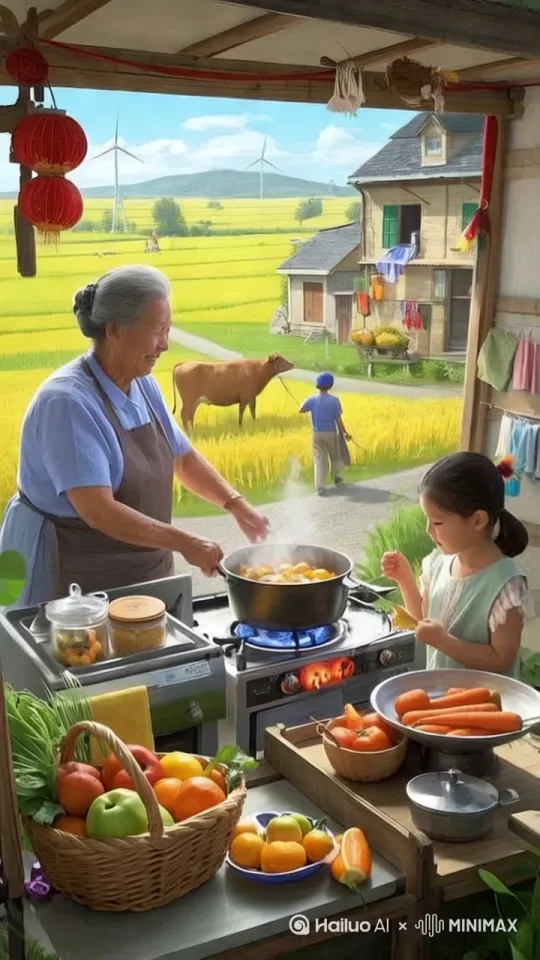 主体不变，画面生动形象，奶奶在做饭，小女孩在尝味道，大师运镜 by Hailuo AI Video Generator