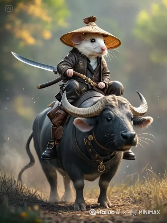 牛在跑，老鼠挥舞刀练习 by Hailuo AI Video Generator