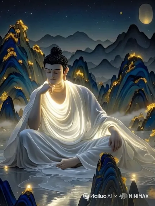 人物缓慢站起，走向镜头，衣物轻轻飘逸，脚下水波闪烁，星光流转，山川上灯光浮动， by Hailuo AI Video Generator