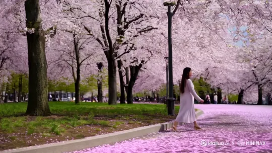 [右移,跟随]一位美女漫步在樱花大道，樱花不断飘落 by Hailuo AI Video Generator