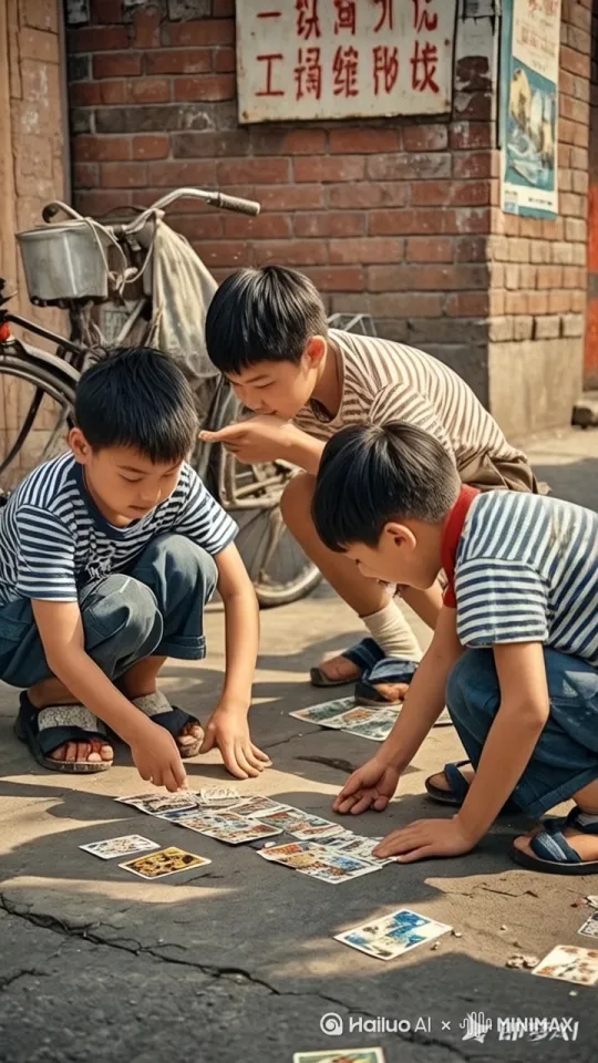 **低角度跟踪镜头** 沿洋画散落路径推进，模拟孩童视线高度  
**慢动作爆破镜头** 聚焦被拍飞的洋画卡，展示孙悟空卡背面磨损的拼音 by Hailuo AI Video Generator