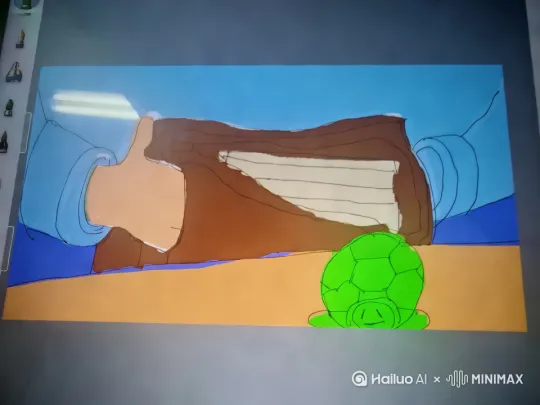 教室里，短头发的小女孩背着书包慢慢走进来，小女孩坐到桌子前把书包打开放到桌子上，一只很小很小很小的小乌龟从书包里滚了出来，固定镜头在桌面上，近景，对准书包和小乌龟，二次元平面风格 by Hailuo AI Video Generator
